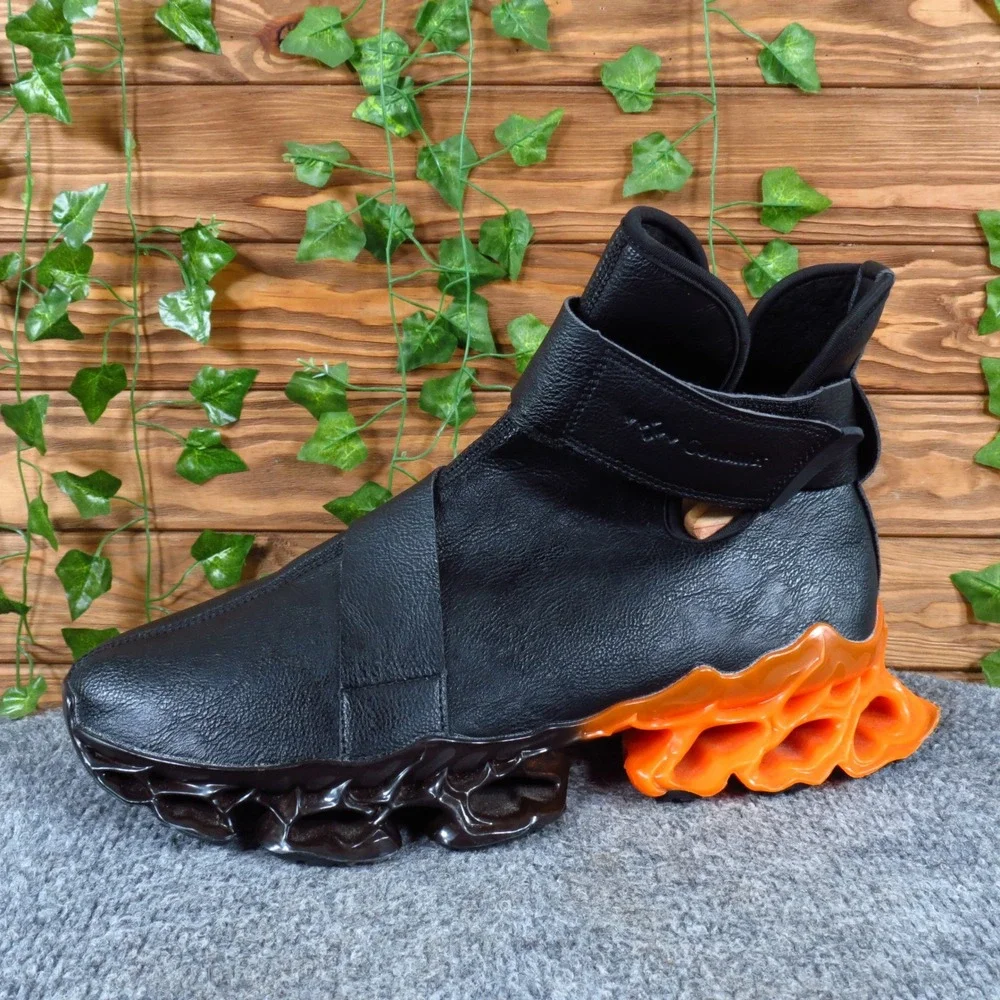 Comanier Mens High Top Sneaker Size 46 Fashion Statement Black Orange Leather